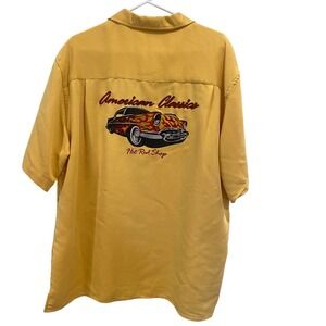 Cubavera Yellow Hot Rod Shop Flame Car Embroidered Short Sleeve Mens Large Shirt